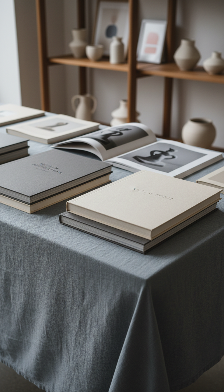 A meticulously curated tabletop display of art exhibition catalogues bound in heavyweight, textured paper with subtle embossed titles, arranged atop a muted slate-blue linen tablecloth in a tranquil reading nook. The background features a blurred glimpse of elegant shelving holding neutral-toned ceramic vases. Soft, overcast afternoon light filters in from the left, illuminating the tactile surfaces and casting gentle, elongated shadows. The scene feels calm, sophisticated, and inviting, encouraging closer inspection. Shot at a slightly downward angle with shallow depth of field, emphasizing the tactile details and refined stillness. The photographic, minimalist aesthetic complements the site’s sophisticated personality and purpose of thoughtful exhibition review.