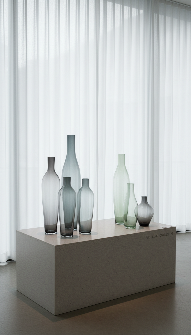 An artfully arranged installation of slender, hand-blown glass vases in soft gray, misty blue, and celadon green, set atop a polished stone display plinth against a backdrop of sheer white curtains in a Seoul art space. The natural daylight is overcast and diffused, creating subtle gradients across the glass surfaces and a peaceful interplay of light and shadow. The mood is serene, sophisticated, and reflective. Captured from an eye-level perspective, the composition uses asymmetrical balance and generous negative space to evoke minimalist chic. This photographic, understated image prioritizes refined detail and supports the website’s dedication to highlighting aesthetic excellence in Seoul’s art exhibitions.