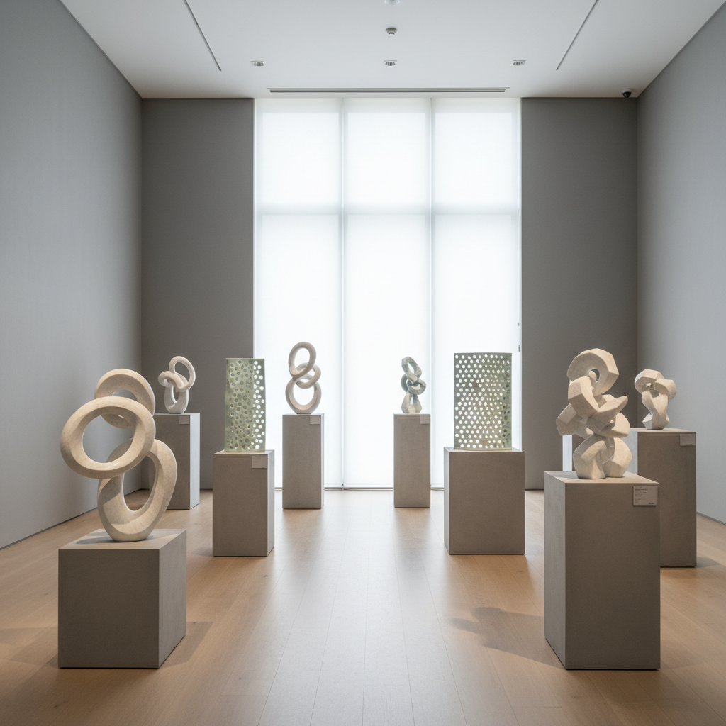 An elegantly arranged collection of contemporary abstract sculptures made of smooth white marble and translucent Korean celadon, displayed on minimalist concrete plinths in a spacious, light-filled Seoul gallery. The setting features pale oak floors and muted gray walls, with subtle gradients in the space echoing the sophistication of the artwork. Soft, diffused daylight gently pours in through tall frosted windows, casting mild highlights and understated shadows. The atmosphere is serene and contemplative, inviting quiet reflection. Photographed from a slightly elevated angle with sharp focus throughout, the composition balances refined simplicity with artistic intrigue. The overall style is photographic realism with elements of minimalist elegance, perfectly suited to sophisticated art exhibition reviews.
